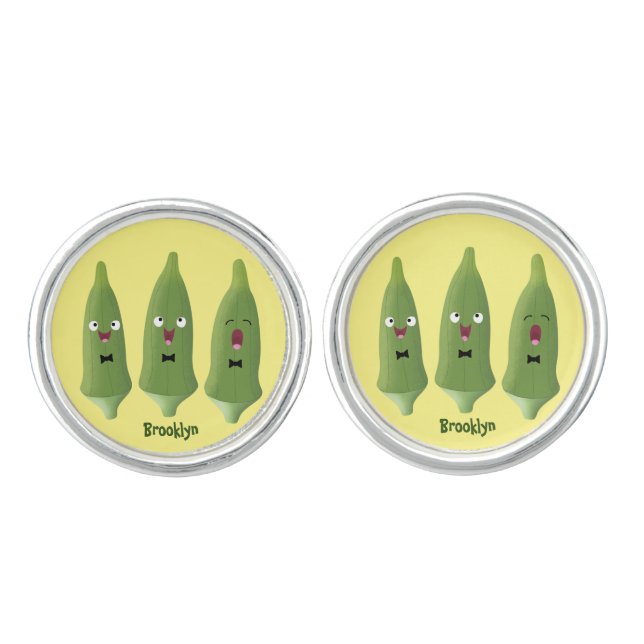 Cute singing okra vegetable cartoon cufflinks (Front)