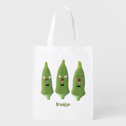 Cute singing okra vegetable cartoon  grocery bag