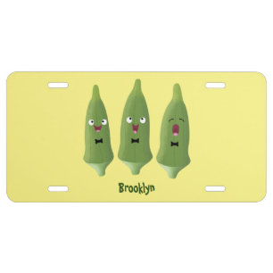 Cute singing okra vegetable cartoon license plate