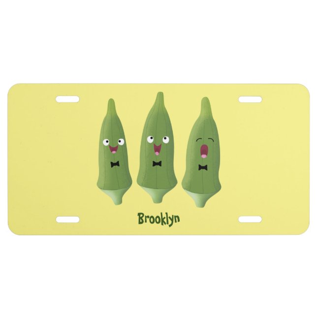 Cute singing okra vegetable cartoon license plate (Front)