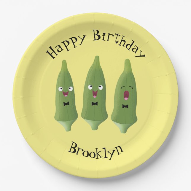 Cute singing okra vegetable cartoon paper plates (Front)