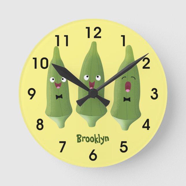 Cute singing okra vegetable cartoon round clock (Front)