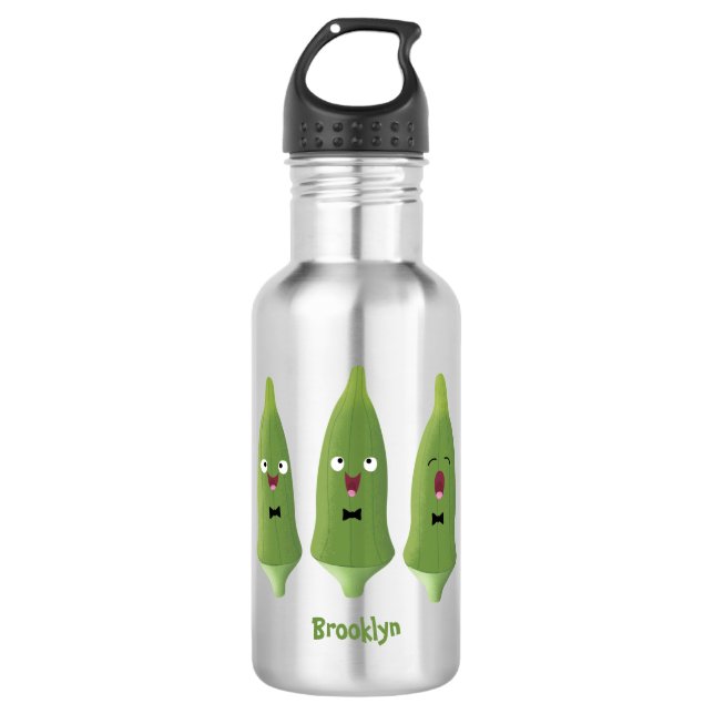 Cute singing okra vegetable cartoon stainless steel water bottle (Front)