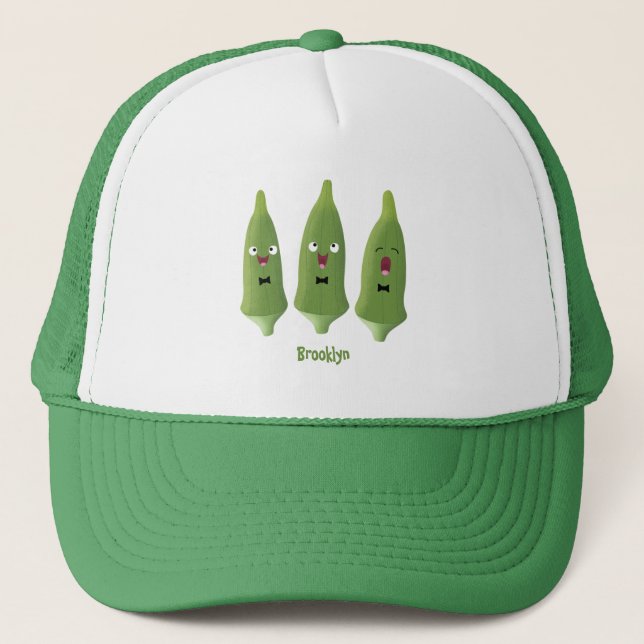Cute singing okra vegetable cartoon trucker hat (Front)