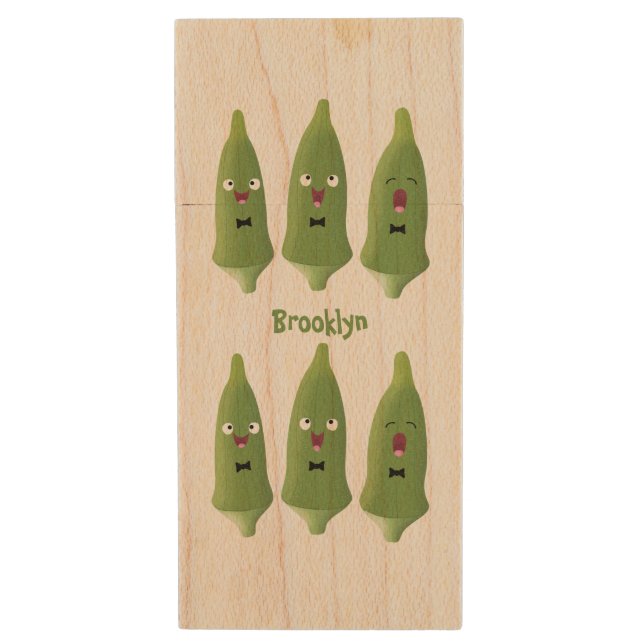 Cute singing okra vegetable cartoon  wood flash drive (Front Vertical)