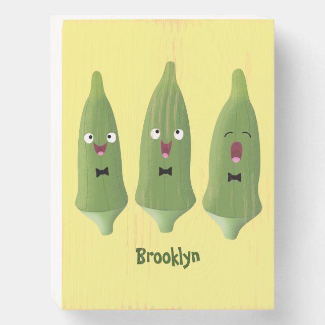 Cute singing okra vegetable cartoon wooden box sign (Front Vertical)