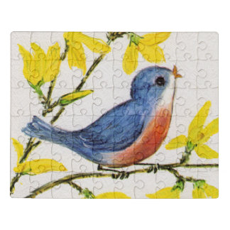 Cute Singing Red Blue Bird Branch Yellow Flowers Jigsaw Puzzle