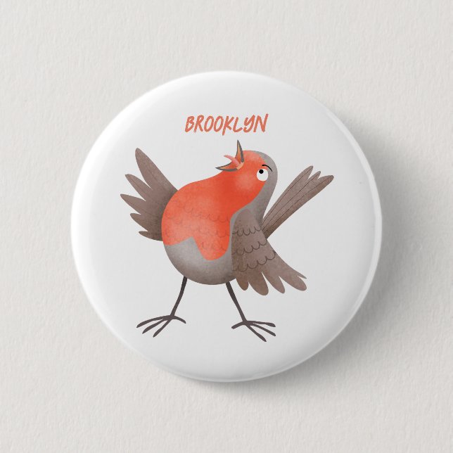 Cute singing robin bird cartoon button (Front)
