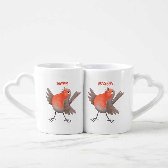 Cute singing robin bird cartoon coffee mug set (Back Nesting)