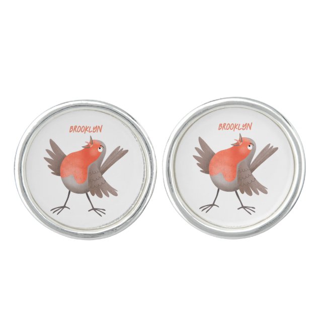 Cute singing robin bird cartoon cufflinks (Front)