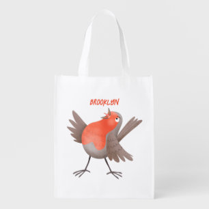 Cute singing robin bird cartoon grocery bag
