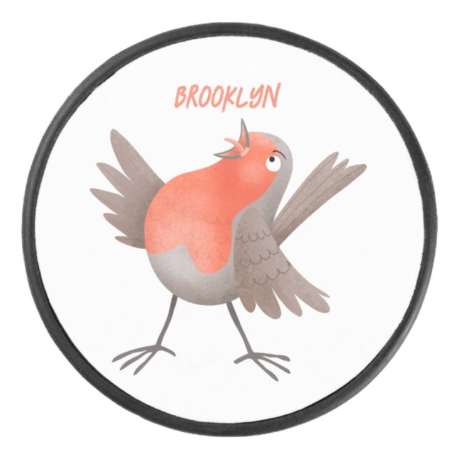 Cute singing robin bird cartoon hockey puck (Front)