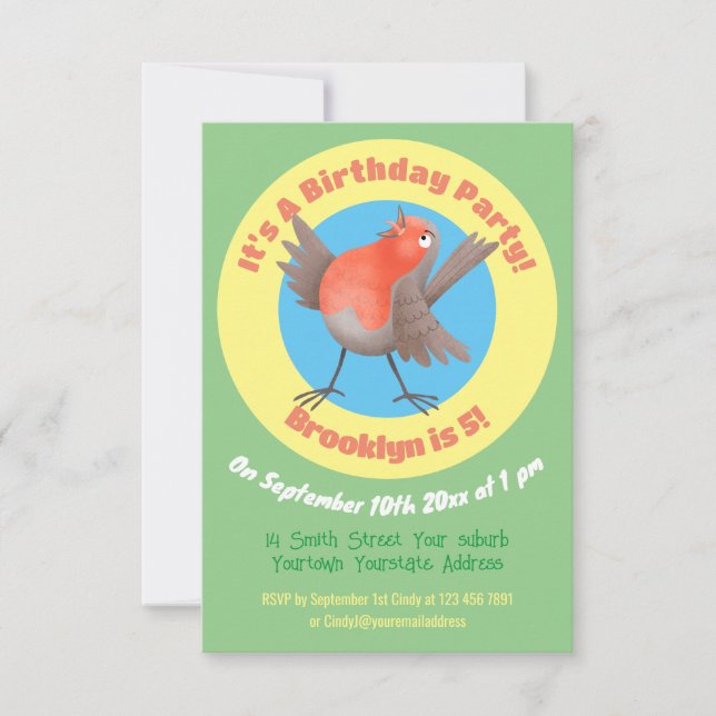 Cute singing robin bird cartoon invitation (Front)
