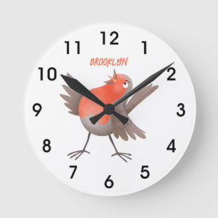 Cute singing robin bird cartoon round clock