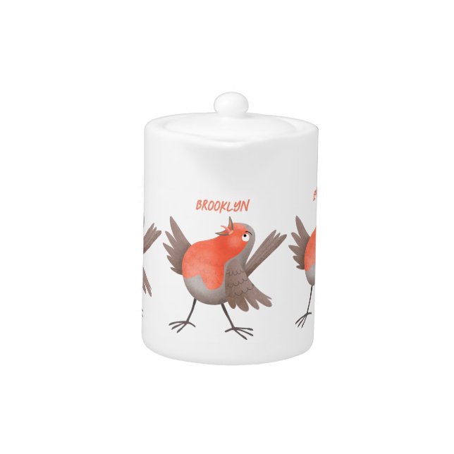 Cute singing robin bird cartoon  teapot (Front)