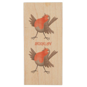 Cute singing robin bird cartoon wood flash drive
