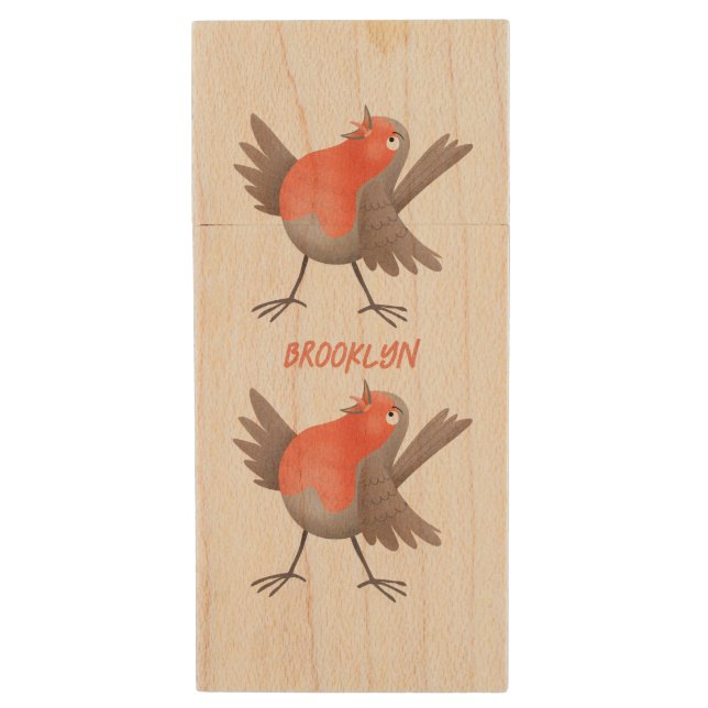 Cute singing robin bird cartoon  wood flash drive (Front Vertical)