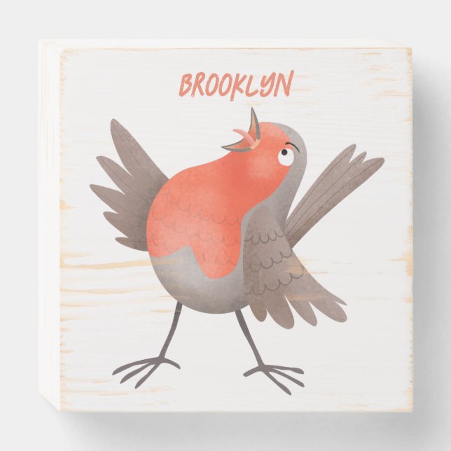 Cute singing robin bird cartoon wooden box sign (Front Horizontal)