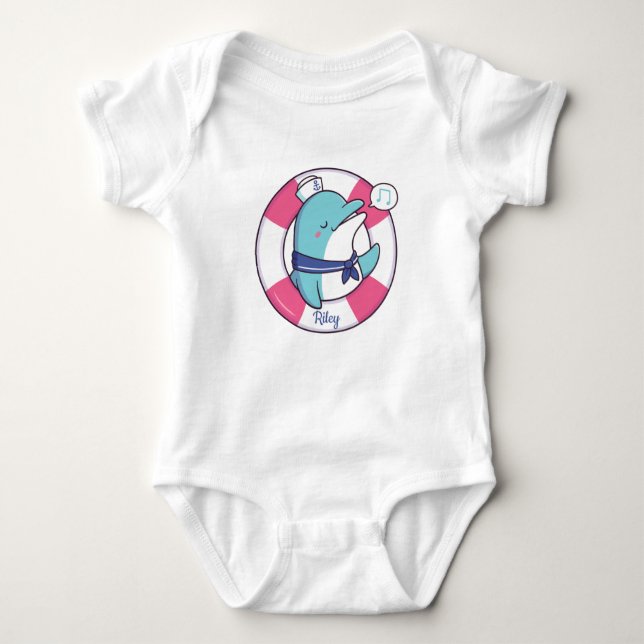 Cute Singing Sailor Dolphin Baby Bodysuit (Front)