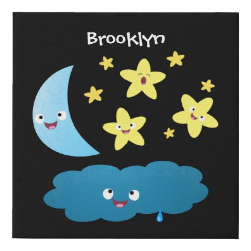 Cute singing stars moon and cloud cartoon faux canvas print