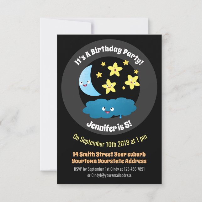 Cute singing stars, moon and cloud cartoon invitation (Front)