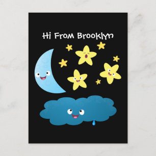 Cute singing stars, moon and cloud cartoon postcard