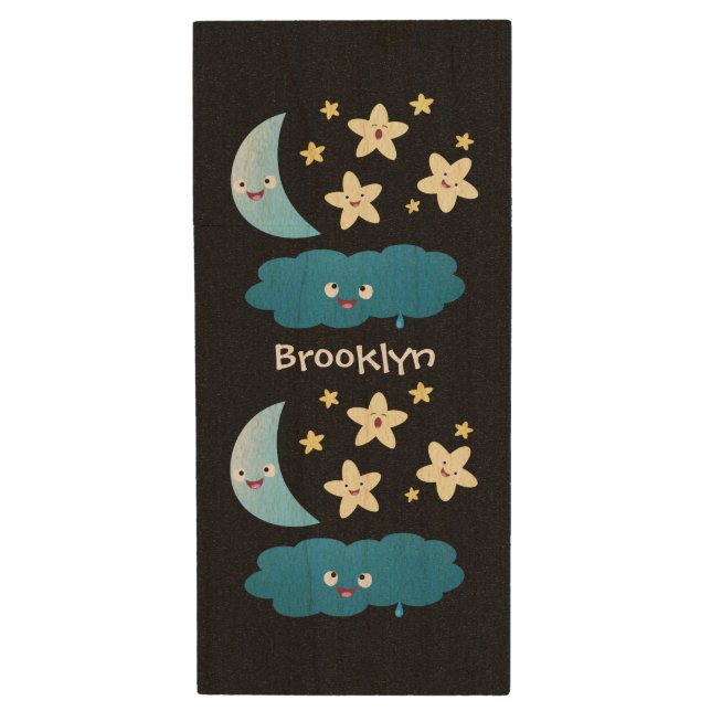 Cute singing stars, moon and cloud cartoon wood flash drive (Front Vertical)