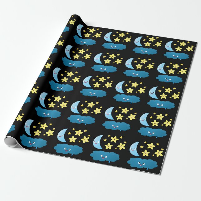 Cute singing stars, moon and cloud cartoon wrapping paper (Unrolled)