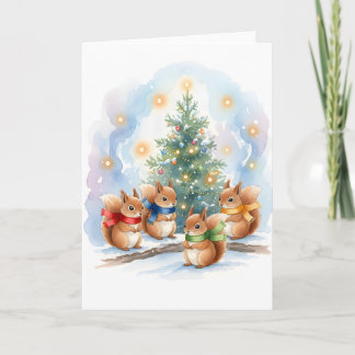 Cute Singing Woodland Squirrels Watercolor Holiday Card
