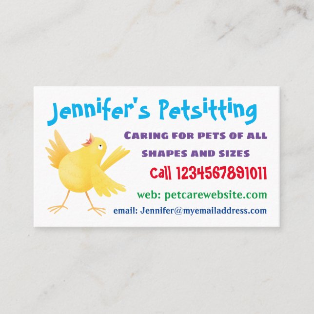 Cute singing yellow canary bird cartoon business card (Front)