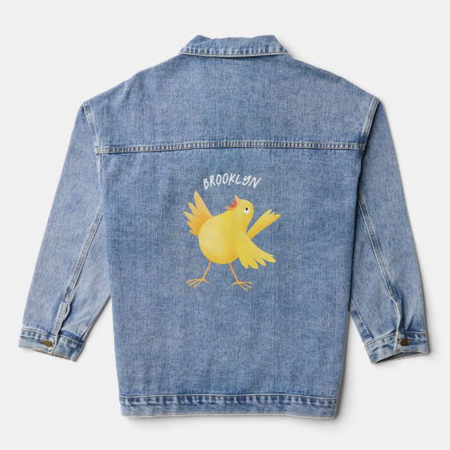 Cute singing yellow canary bird cartoon denim jacket (Back)