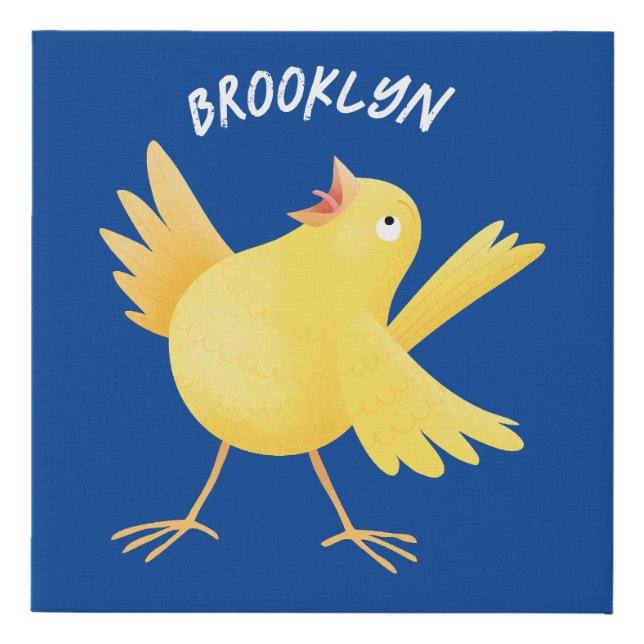 Cute singing yellow canary bird cartoon faux canvas print (Front)