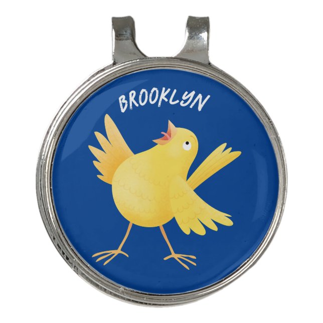 Cute singing yellow canary bird cartoon  golf hat clip (Front)