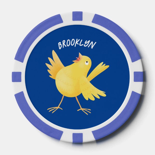 Cute singing yellow canary bird cartoon poker chips (Front)