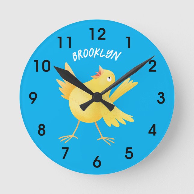 Cute singing yellow canary bird cartoon round clock (Front)