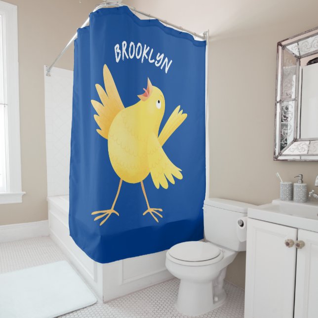 Cute singing yellow canary bird cartoon shower curtain (In Situ)