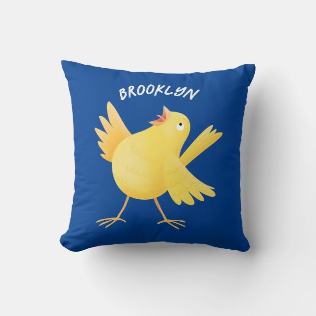 Cute singing yellow canary bird cartoon throw pillow (Front)