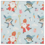 Cute Sinterklaas and Piet Pattern on Blue Fabric