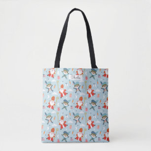 Cute Sinterklaas and Piet Pattern on Blue Tote Bag