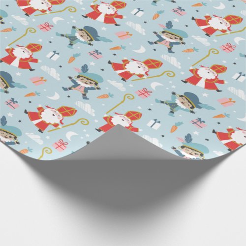 Cute Sinterklaas and Piet Pattern on light blue  Wrapping Paper