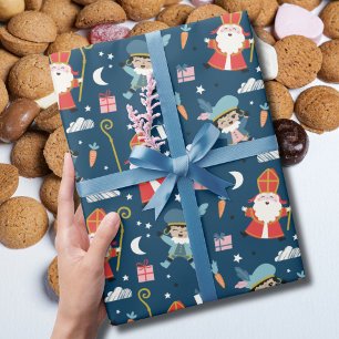 Cute Sinterklaas and Piet Pattern on navy Wrapping Paper