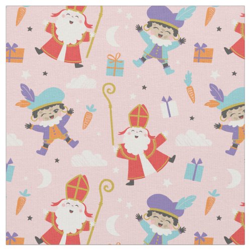 Cute Sinterklaas and Piet Pattern on Pink Fabric