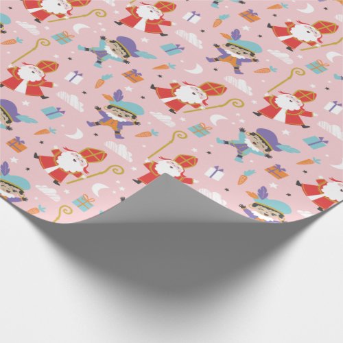 Cute Sinterklaas and Piet Pattern on Pink Wrapping Paper