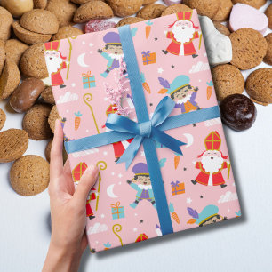 Cute Sinterklaas and Piet Pattern on Pink Wrapping Paper