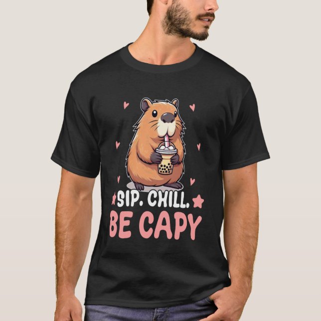 Cute Sip Chill Be Capy Capybara Drinking Bubble Te T-Shirt (Front)