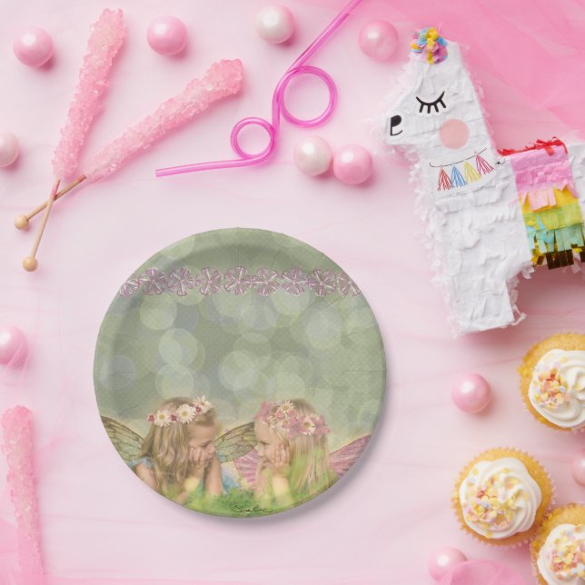 Cute Sister Fairy Friends in Pink Fantasy Art Paper Plates (Party)