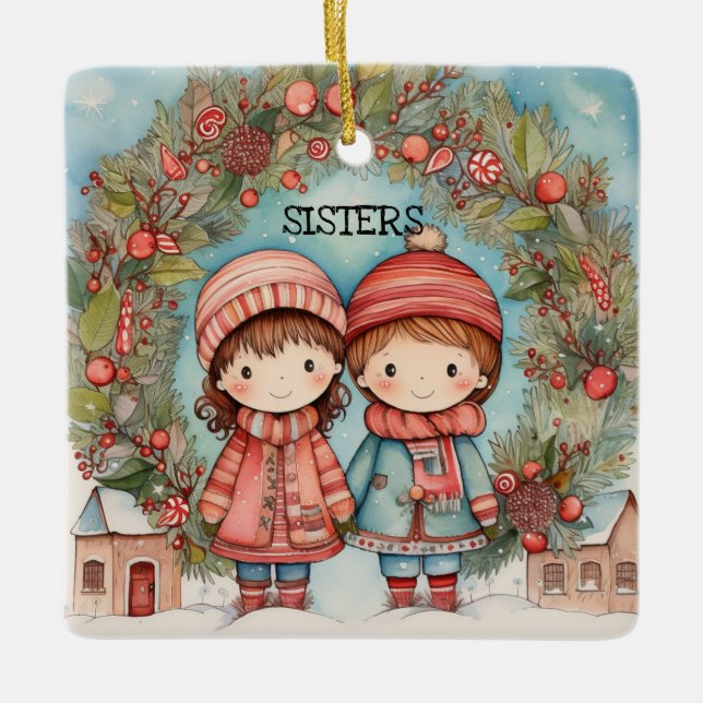 Cute Sisters  Ceramic Ornament (Front)