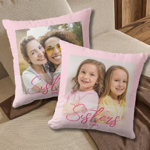 Cute Sisters Then And Now 2 Photo Light Pink Throw Pillow