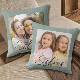 Cute Sisters Then And Now 2 Photo Sage Green Throw Pillow