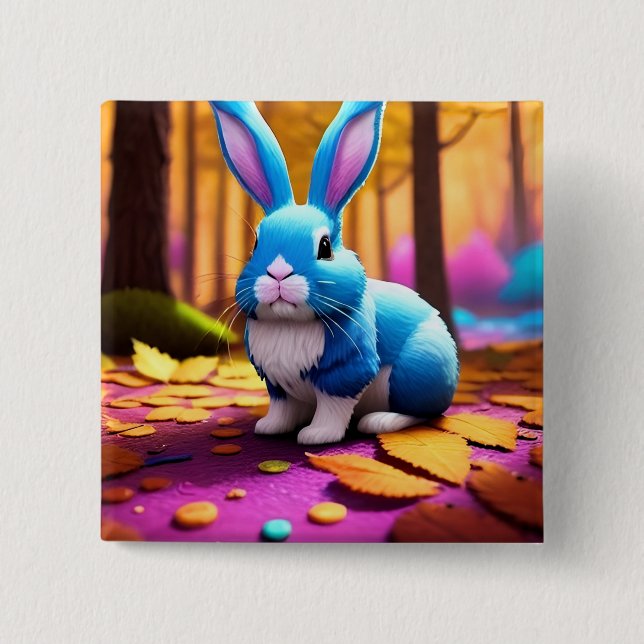 Cute Sitting Blue Bunny Portrait  Button (Front)